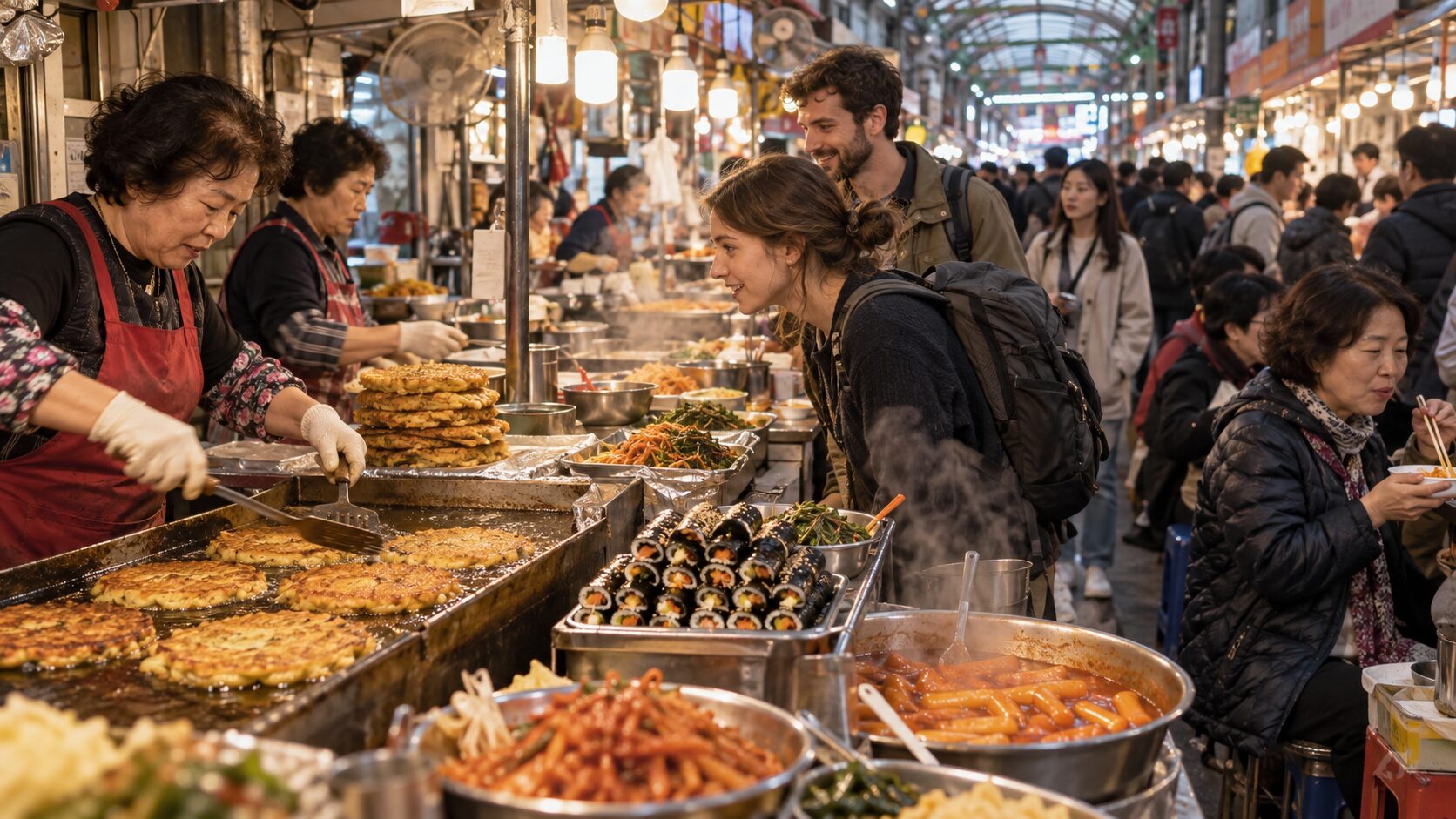 Travelers exploring food stalls inside Gwangjang Market in Seoul