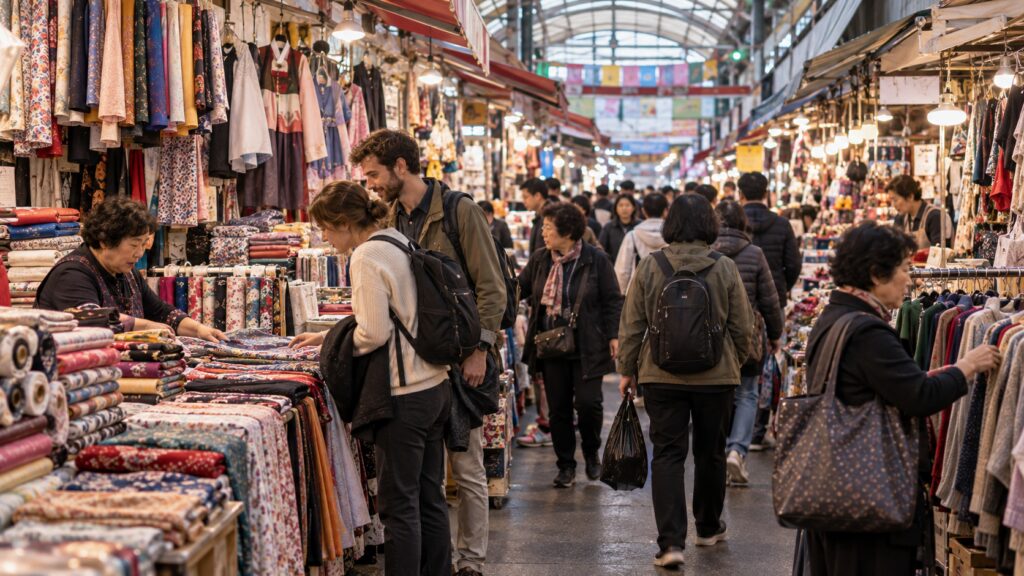 Textile and clothing shops in a traditional Seoul market beyond the food stalls