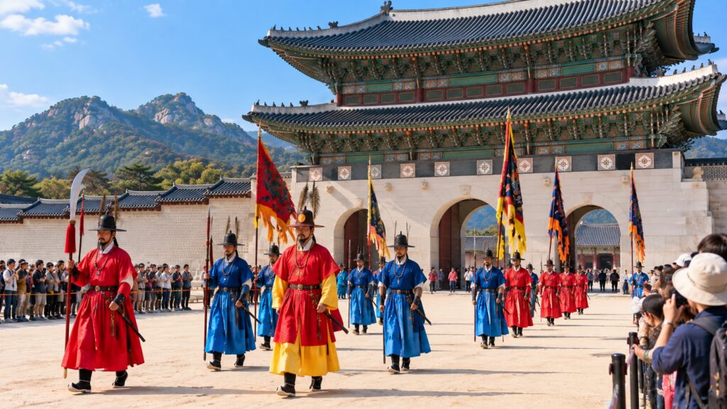 Traditional royal guard changing ceremony at a Seoul palace