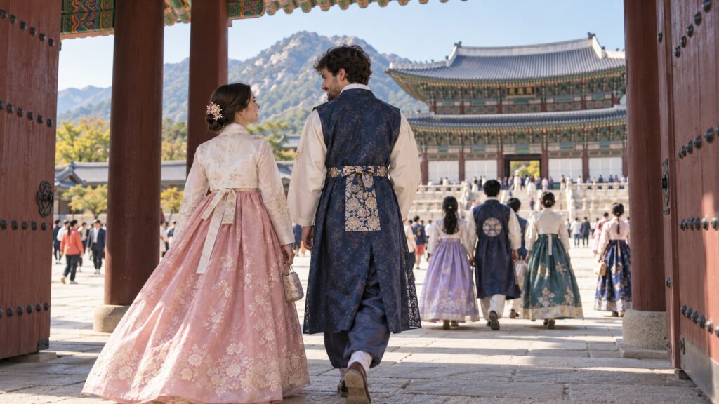 Visitors wearing complete hanbok entering a royal palace in Seoul