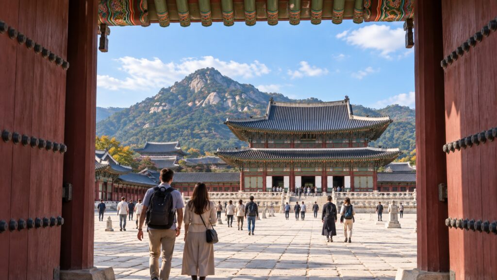 Layered courtyards and royal halls inside Gyeongbokgung Palace