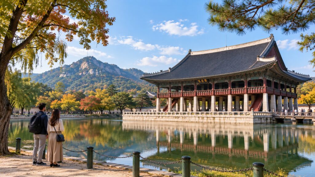 Traditional pavilion beside a pond at Gyeongbokgung Palace in Seoul