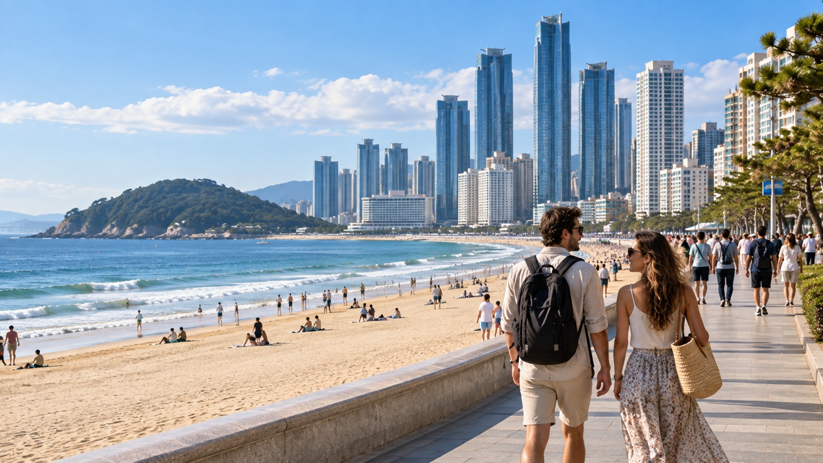 Travelers walking along Haeundae Beach in Busan