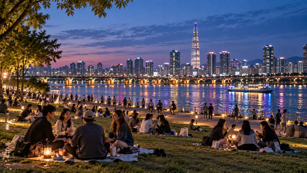 Evening picnic culture beside the Han River with the Seoul skyline in the background