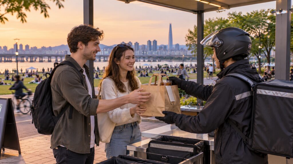Travelers collecting food delivery near a Han River park in Seoul