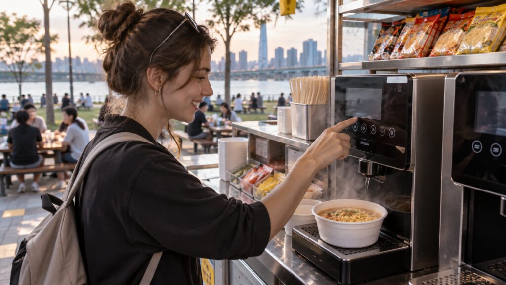 Traveler using a self-service ramyeon cooker near Seoul's Han River