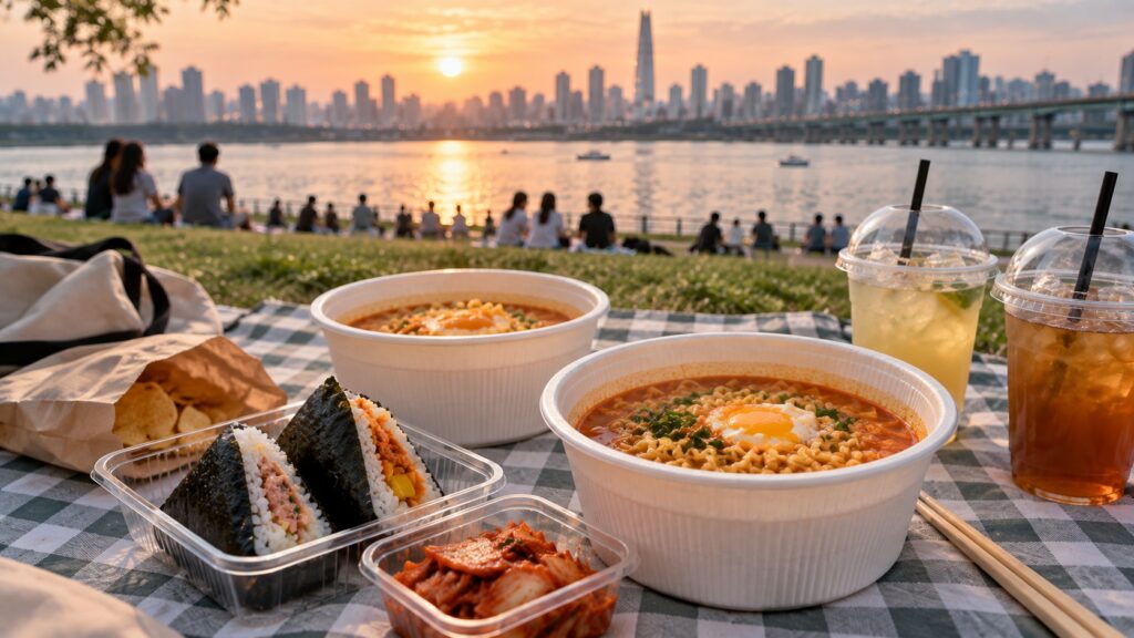 Han River picnic with ramyeon, triangle gimbap, kimchi and cold drinks