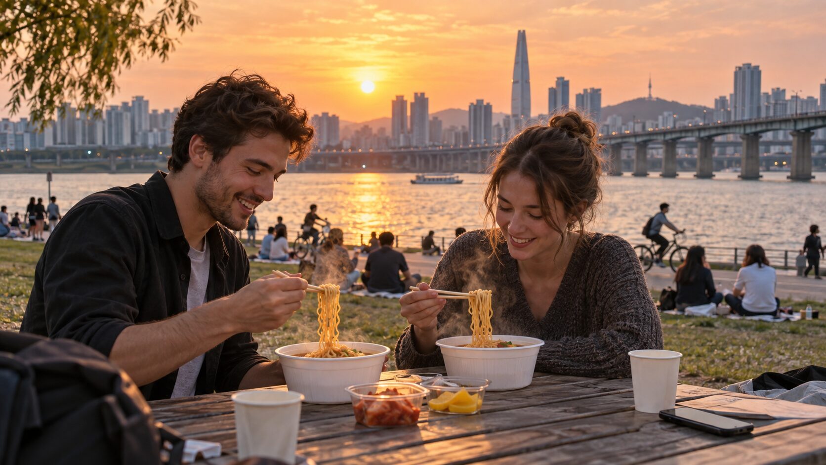 Travelers eating freshly cooked ramyeon beside the Han River in Seoul at sunset