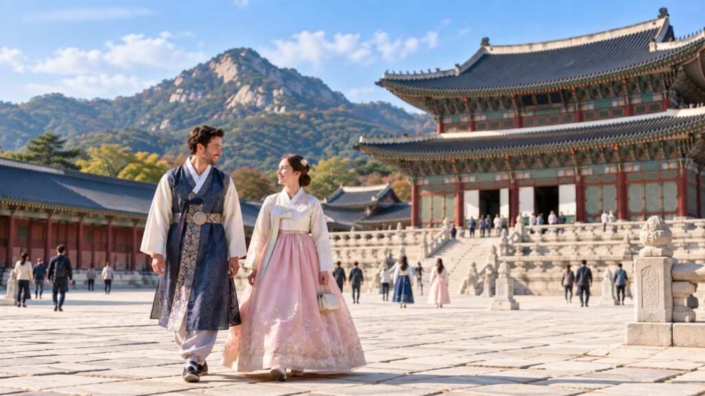 International travelers wearing hanbok at a Seoul royal palace