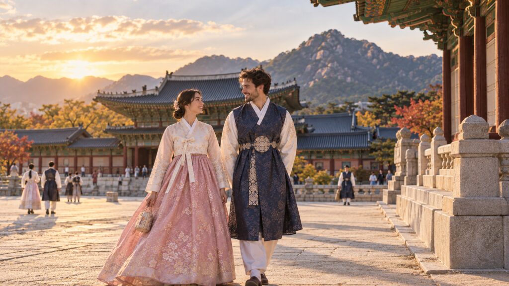 Travelers enjoying a hanbok experience at a historic palace in Seoul