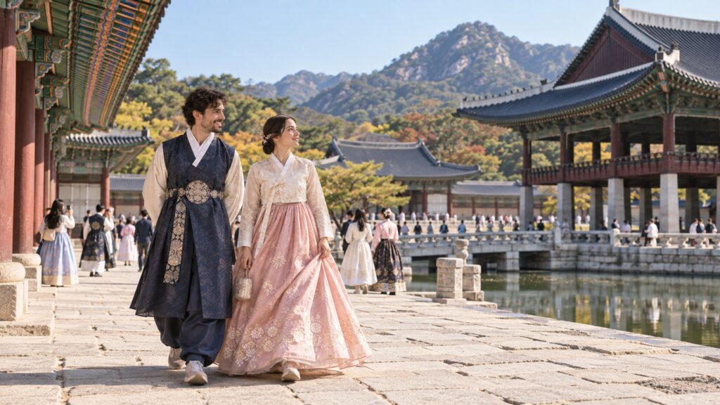 Travelers exploring Gyeongbokgung while wearing rented hanbok