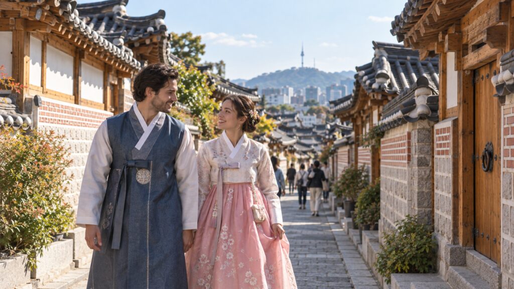 Travelers wearing hanbok while respectfully exploring Bukchon in Seoul