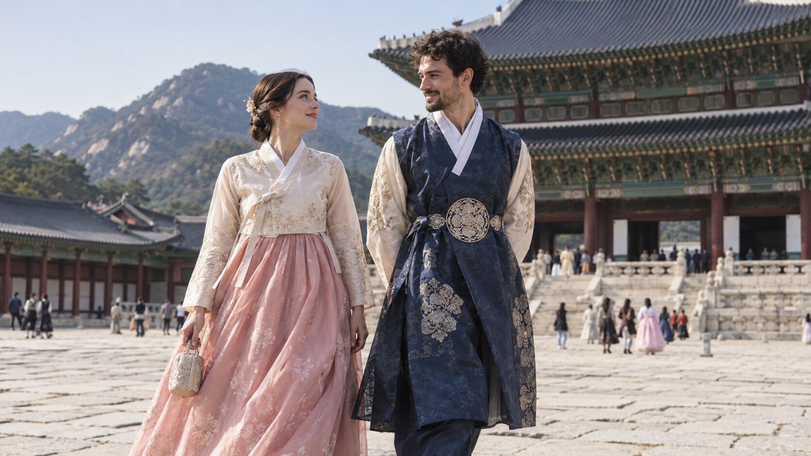 International travelers wearing hanbok while visiting a royal palace in Seoul