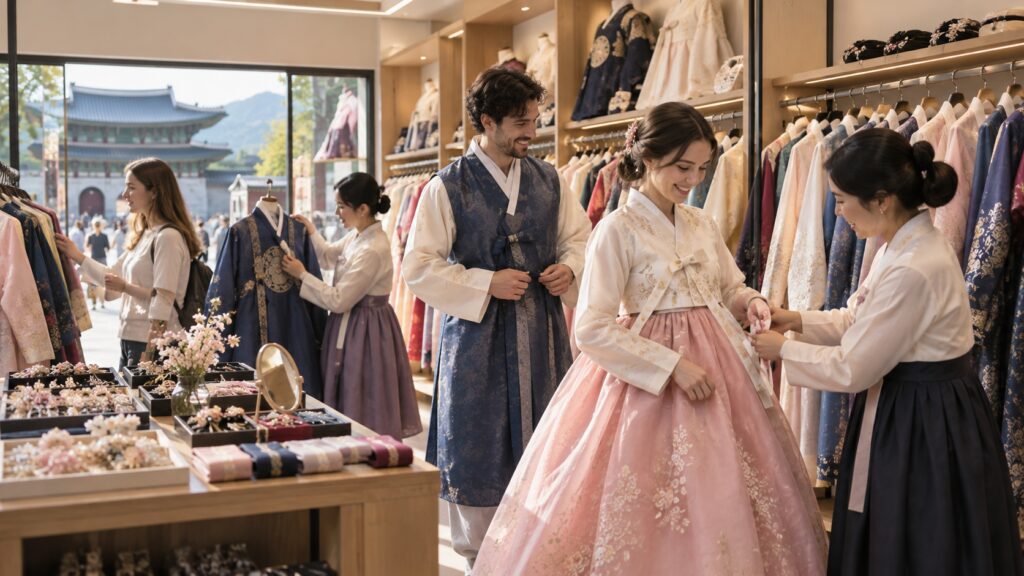 Travelers choosing hanbok at a rental shop in Seoul