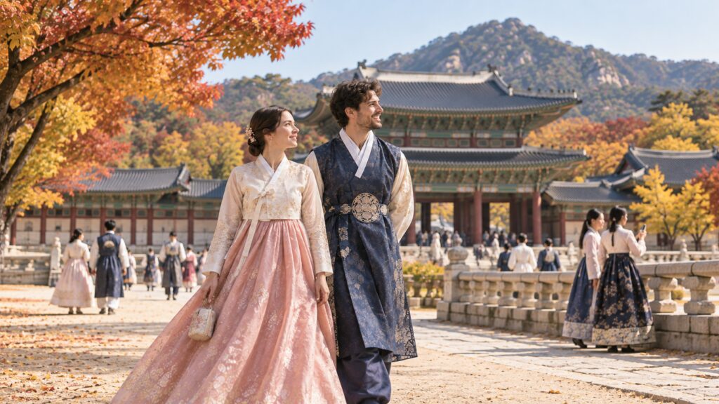 Travelers wearing hanbok at a Seoul palace during autumn