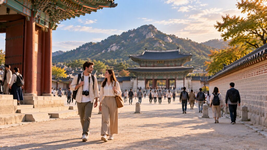 Travelers exploring historic Seoul after visiting Gyeongbokgung Palace