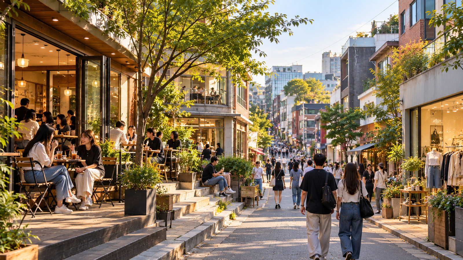 Cafes and pedestrians along a lively street in the Hongdae area