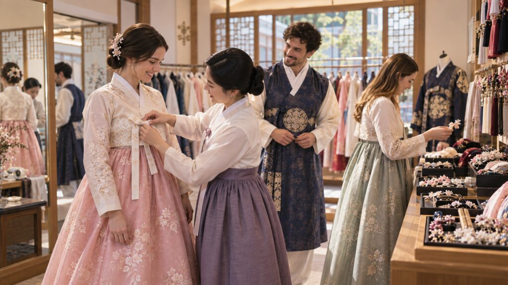 Hanbok rental staff helping a traveler dress in Seoul