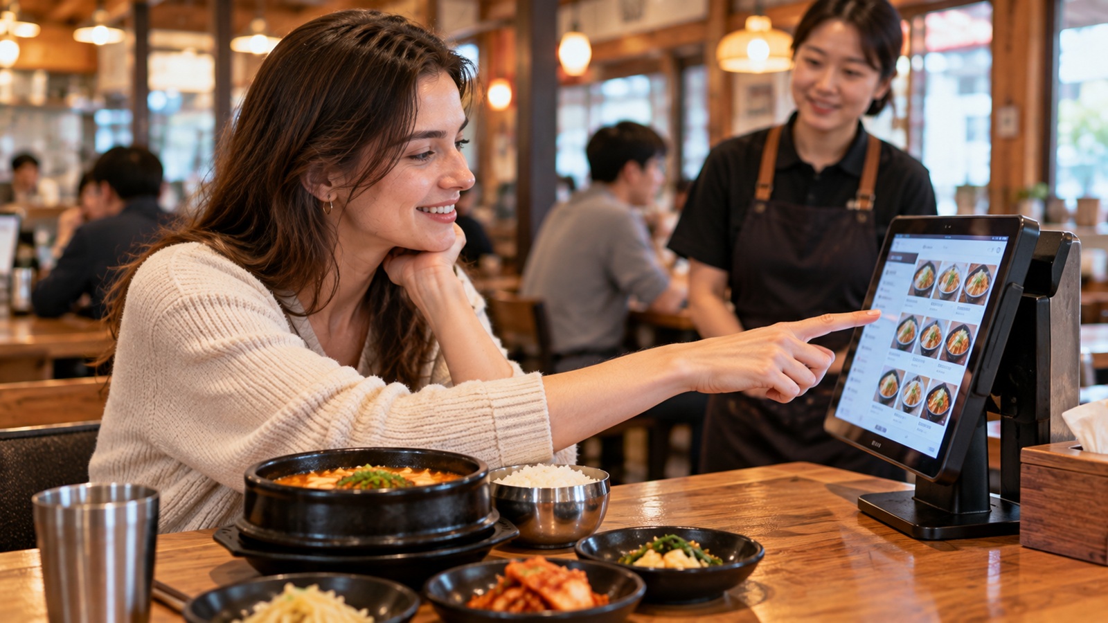 Traveler ordering food using a tabletop touchscreen at a Korean restaurant.