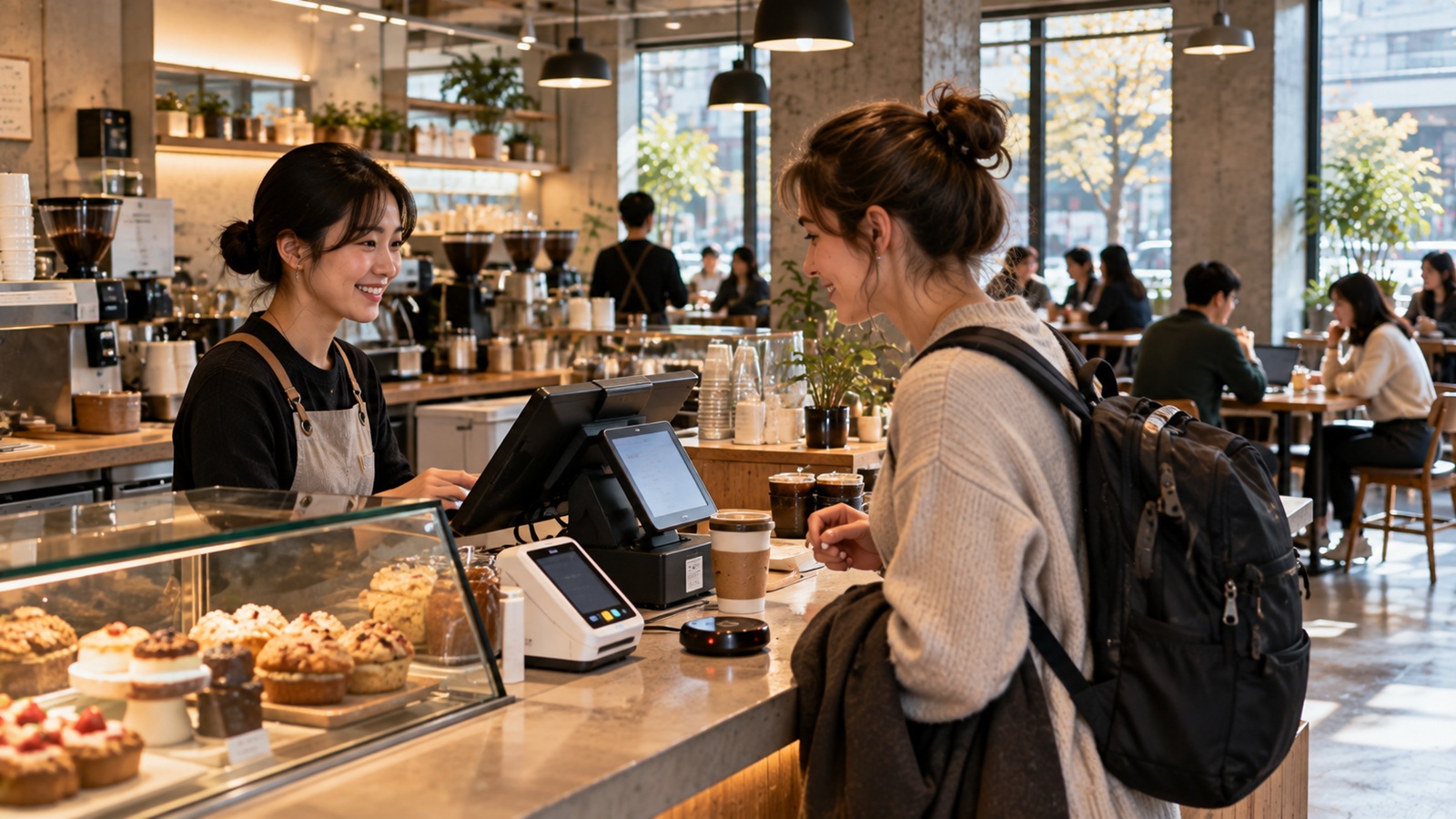 Traveler ordering at the counter of a self-service cafe in Seoul