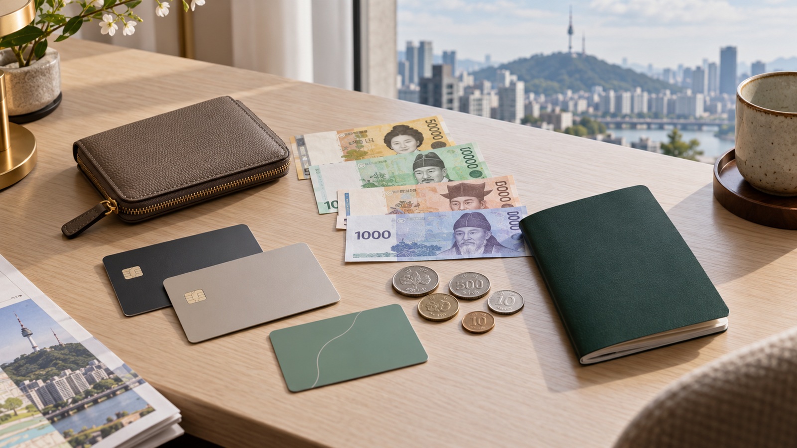 Travel payment essentials including a bank card, Korean won and a transit card