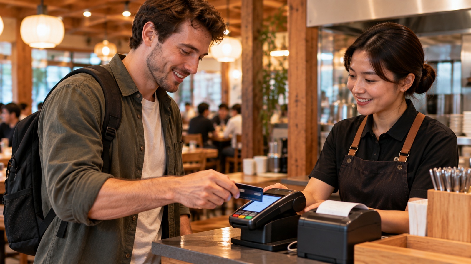 Traveler paying for a meal at the counter of a Korean restaurant.