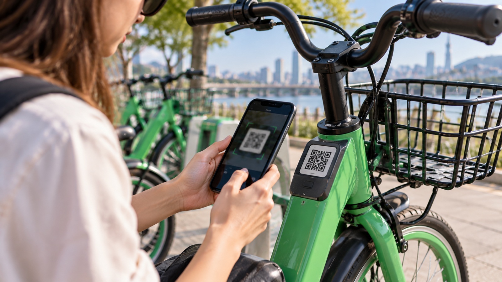 A traveler using a smartphone to unlock a green public rental bicycle in Seoul