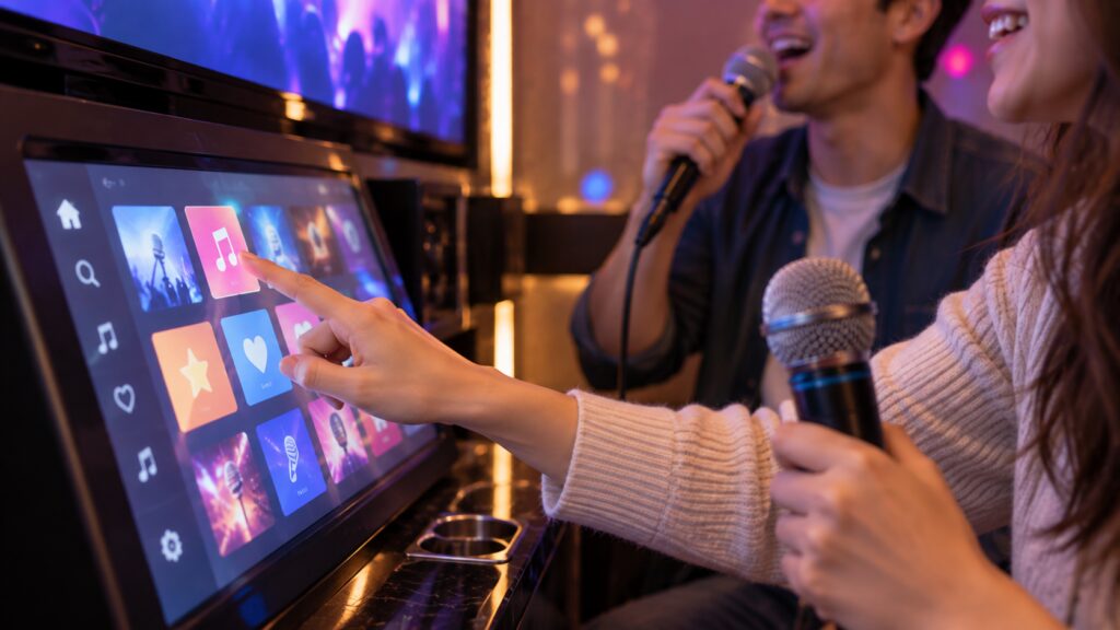 Traveler selecting a song on a karaoke controller inside a Korean noraebang