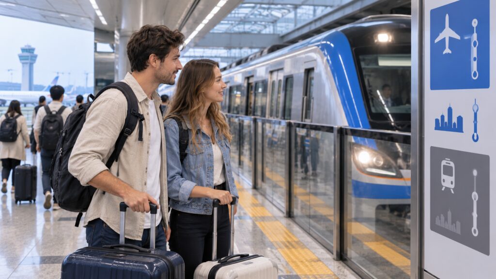 International travelers preparing to take an airport train between Incheon Airport and Seoul