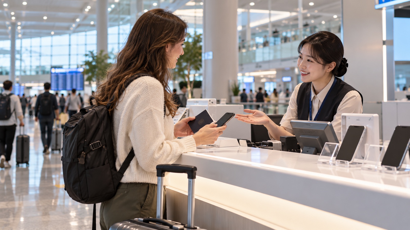 International traveler asking for SIM card assistance at an airport mobile service counter
