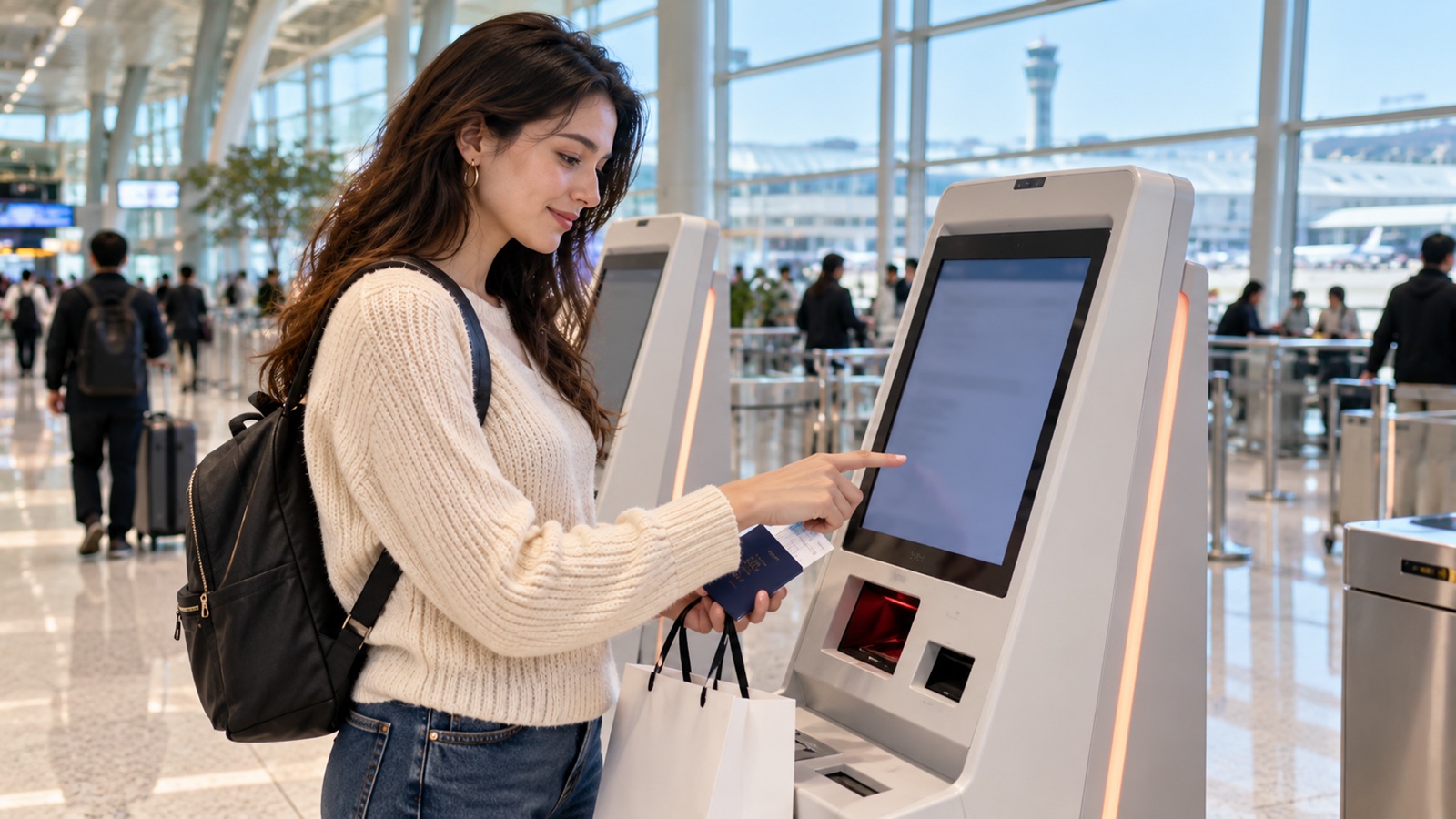 Traveler using a self-service tax refund kiosk at an airport terminal in Korea.