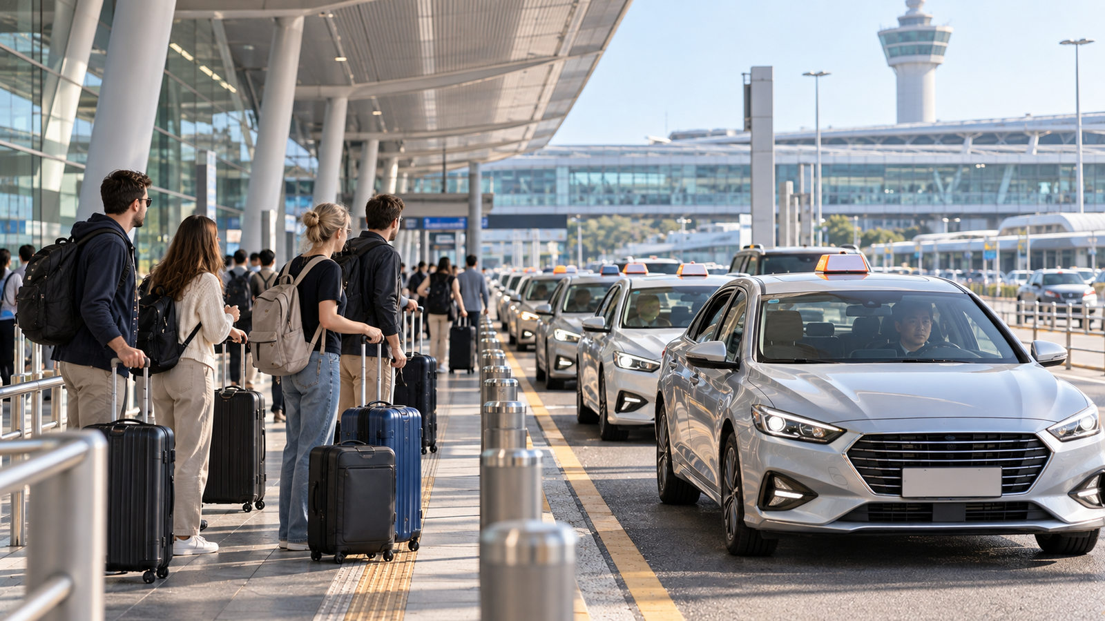 International travelers waiting for a taxi at an airport pickup area in Korea