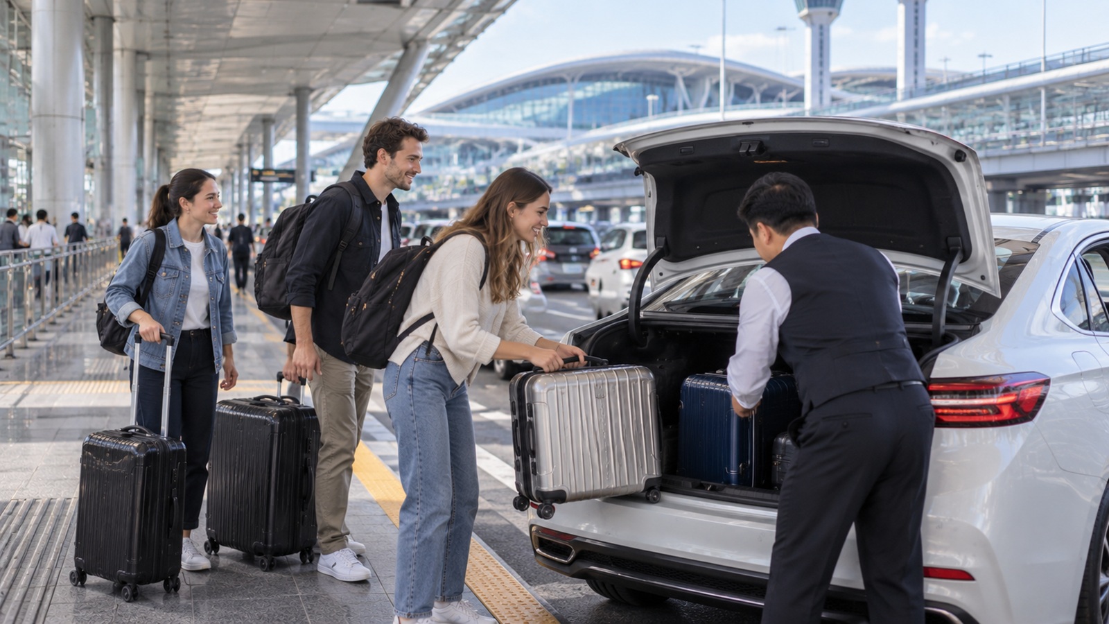 International travelers taking a taxi from Incheon Airport to Seoul