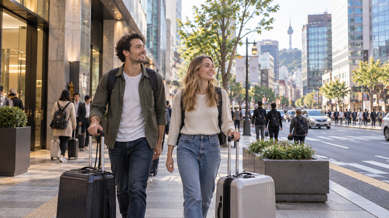 Travelers arriving with luggage in central Seoul after leaving Incheon Airport