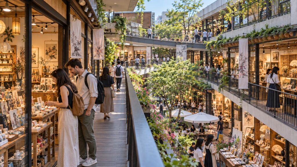Visitors browsing a multi-level craft shopping complex in Insadong