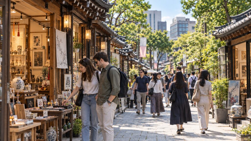 Travelers exploring craft shops and galleries along an Insadong-style street