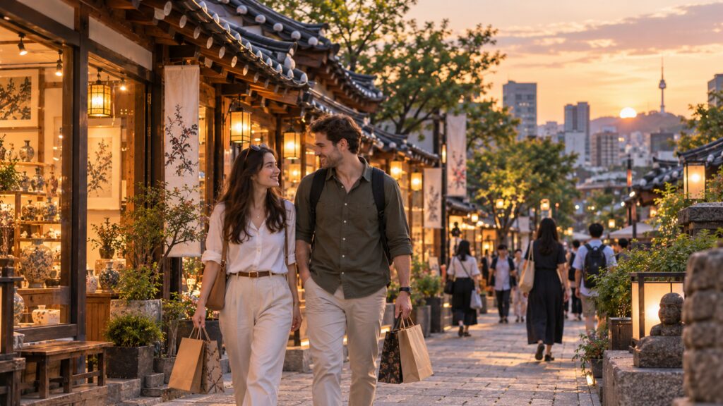 Travelers finishing an afternoon of shopping and cultural sightseeing in Insadong