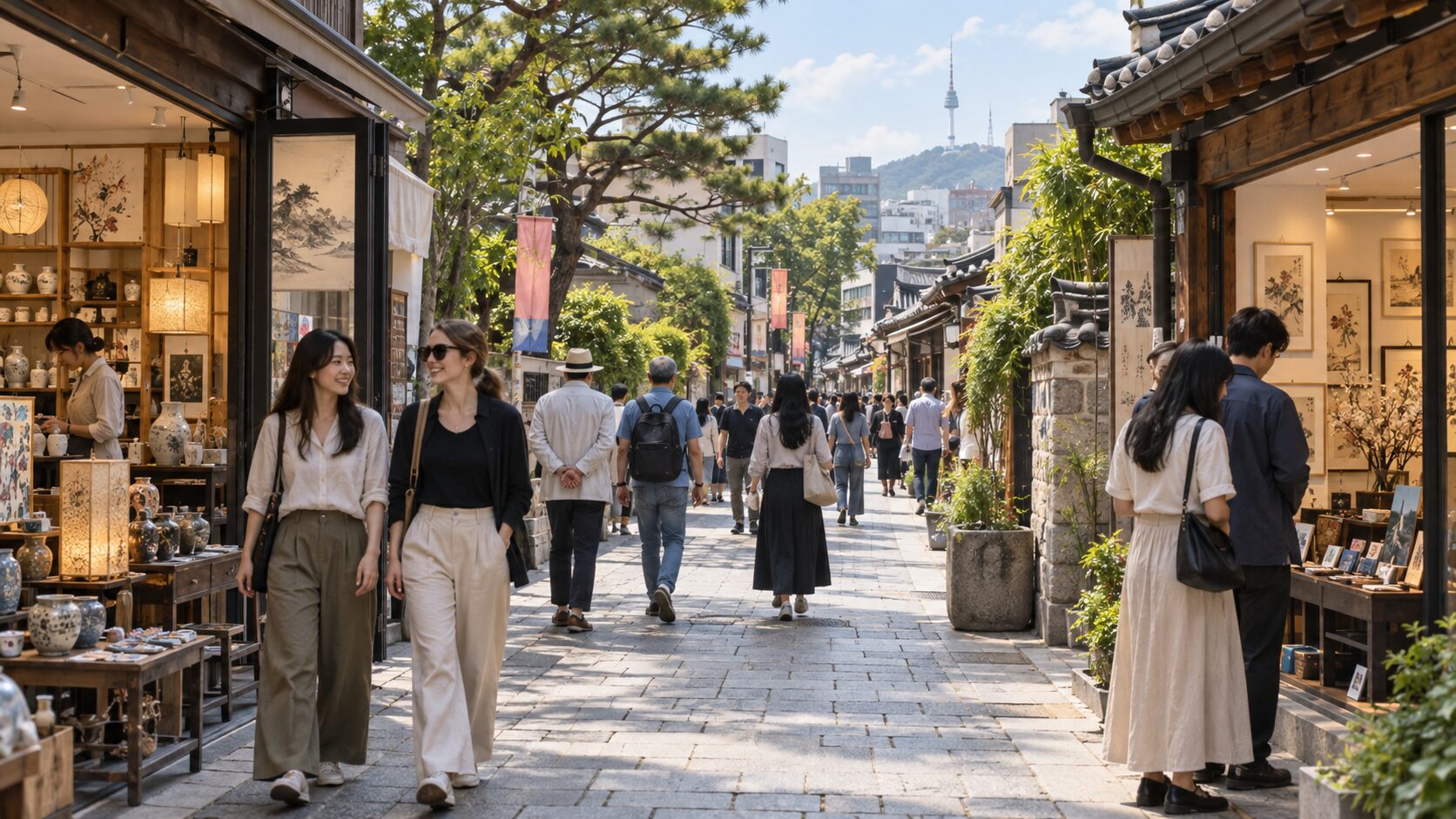 Visitors walking through Insadong’s traditional culture street in Seoul