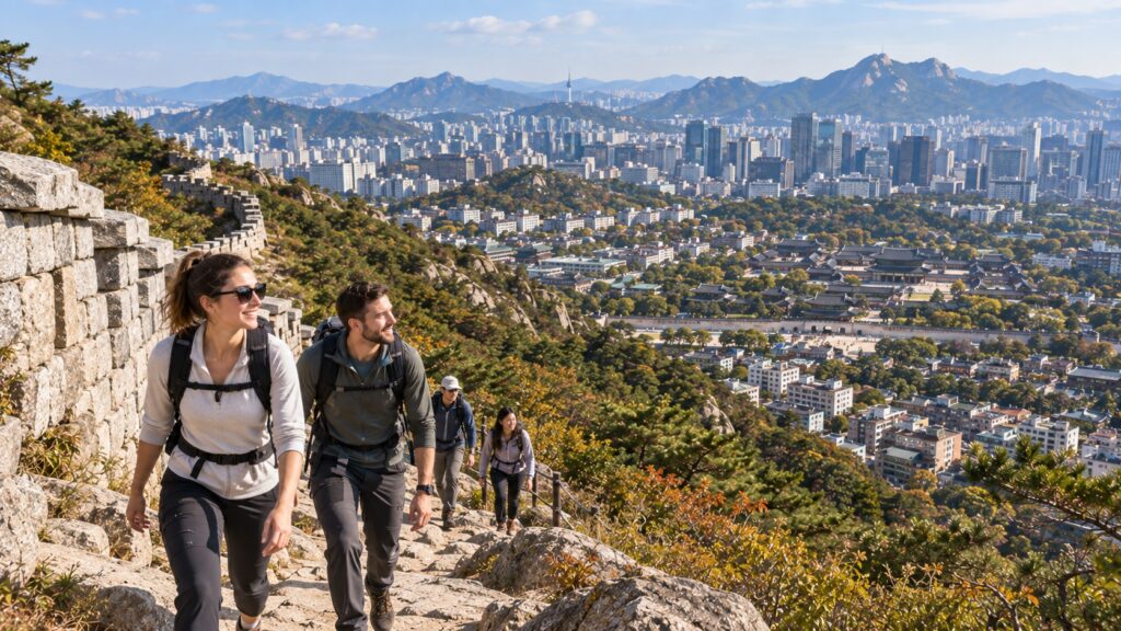 Hikers on an Inwangsan ridge overlooking central Seoul