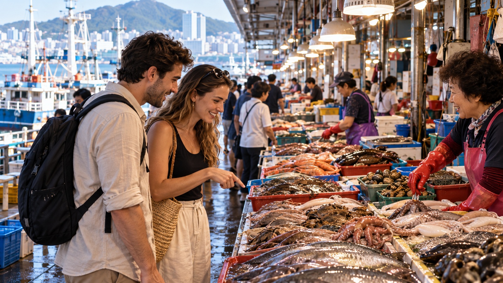 Travelers exploring a traditional seafood market in Busan