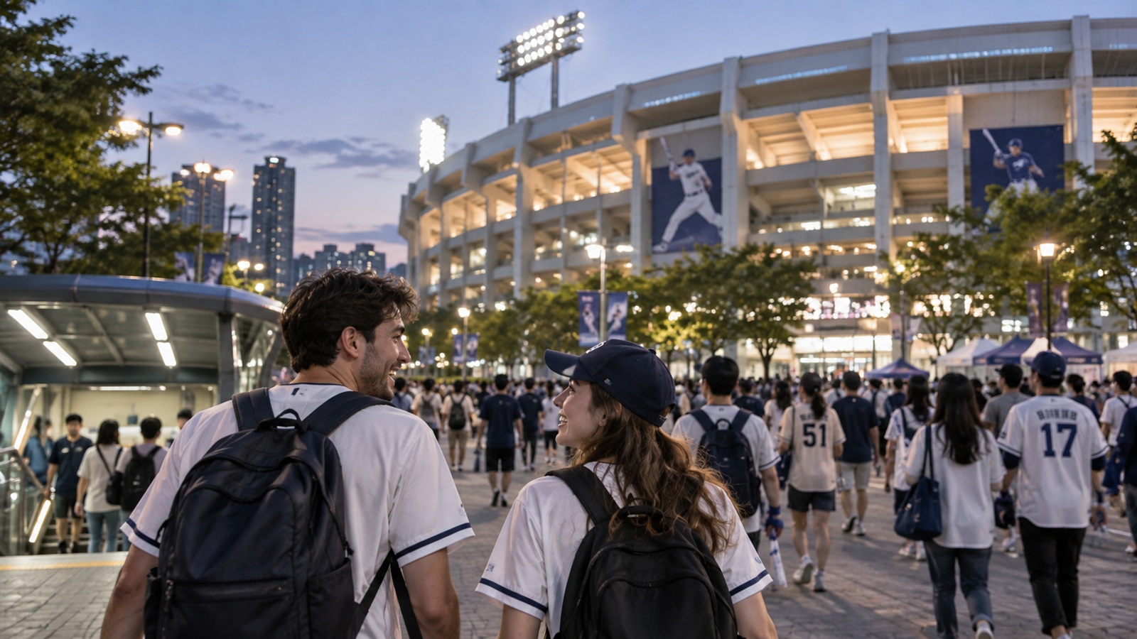 Travelers arriving at a baseball stadium in Seoul before a KBO-style game