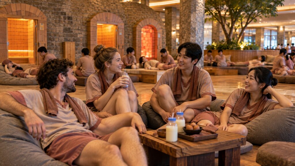 Visitors wearing provided sauna clothes in a Korean jjimjilbang communal area