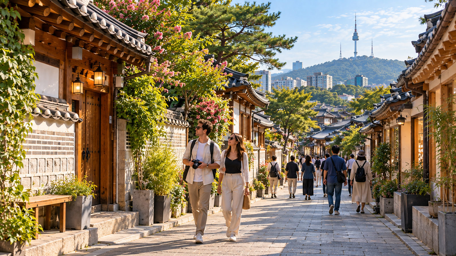 Traditional-style buildings and a pedestrian street in central Jongno