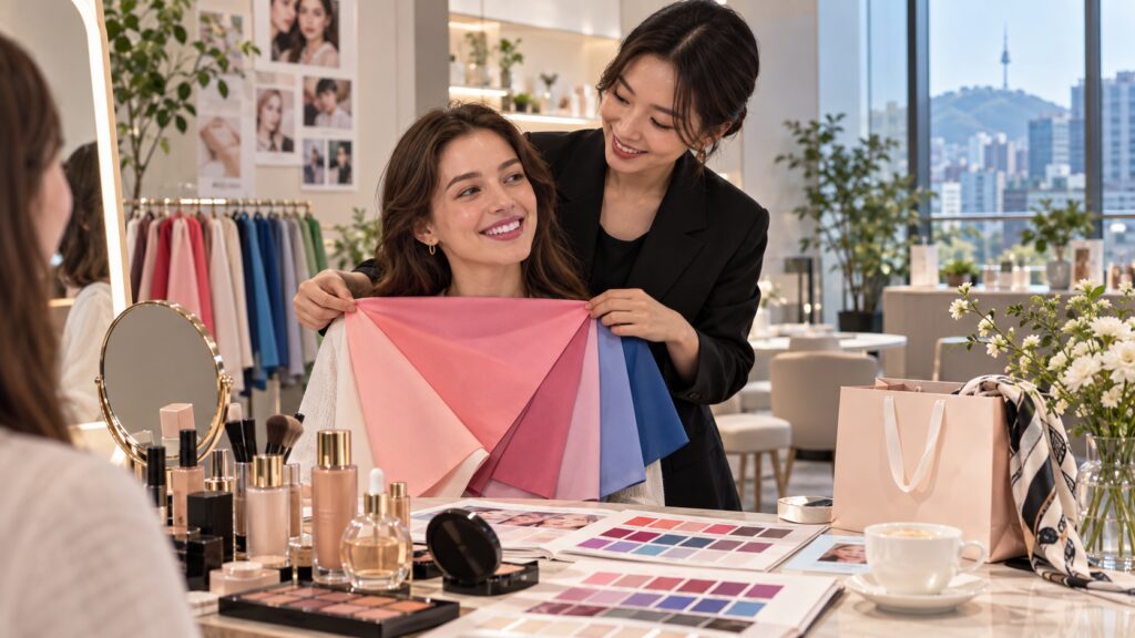International traveler receiving a personal color consultation during a K-beauty trip in Seoul
