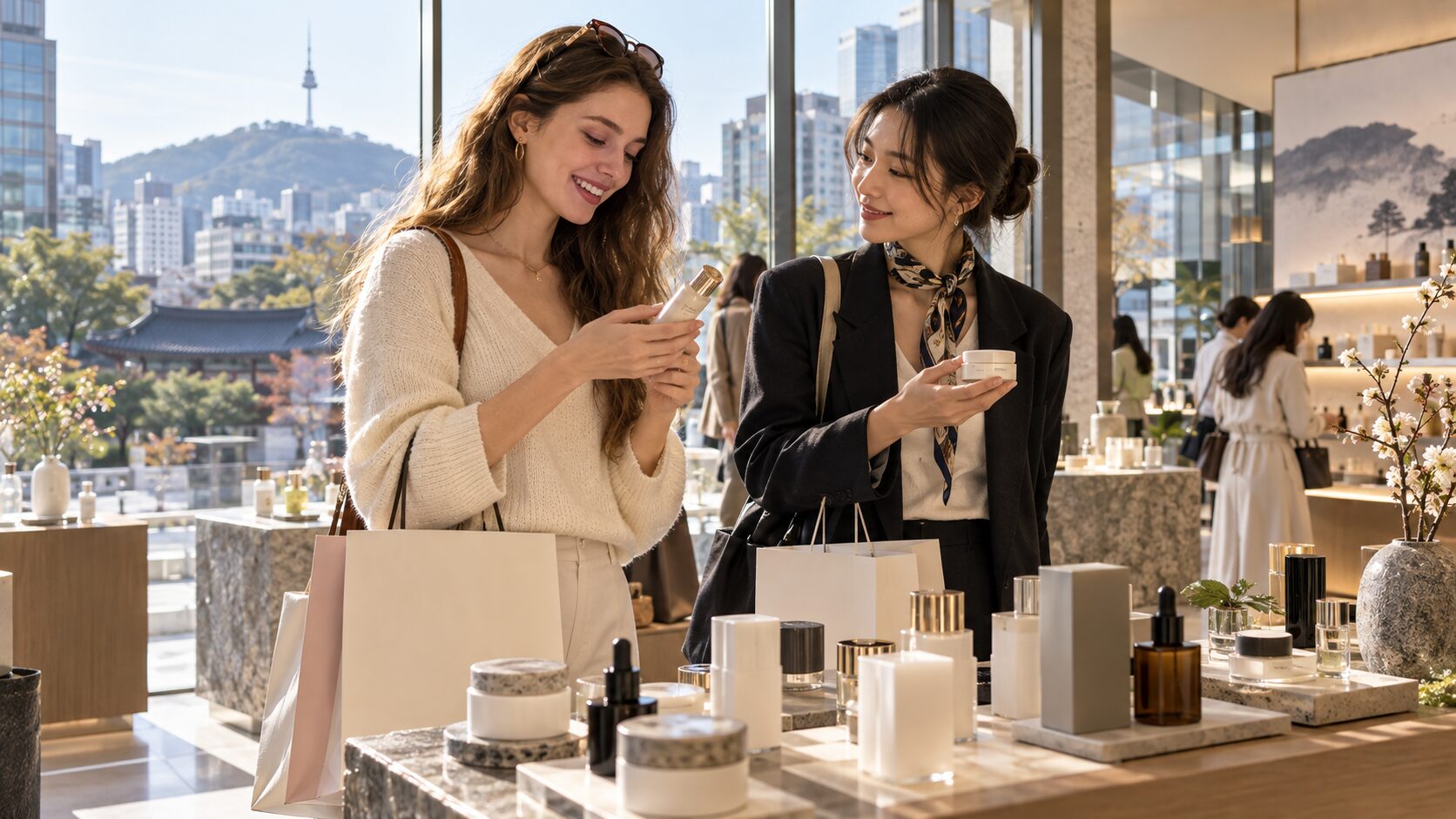 International travelers exploring K-beauty stores during a beauty-focused trip to Seoul