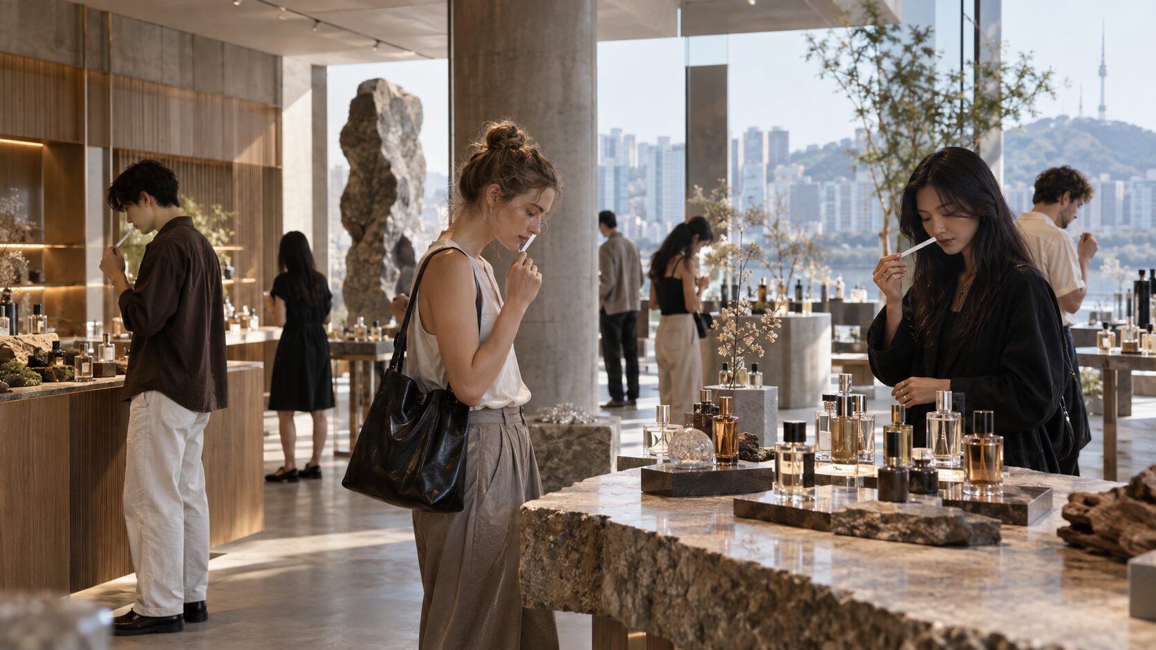 Visitors exploring a contemporary Korean fragrance boutique in Seoul