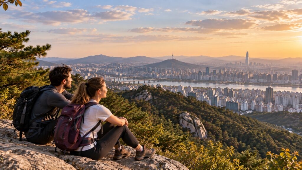Travelers resting at a mountain viewpoint above Seoul after a hike