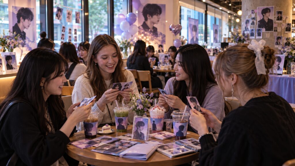 K-pop fans gathering at a birthday cafe event in Seoul