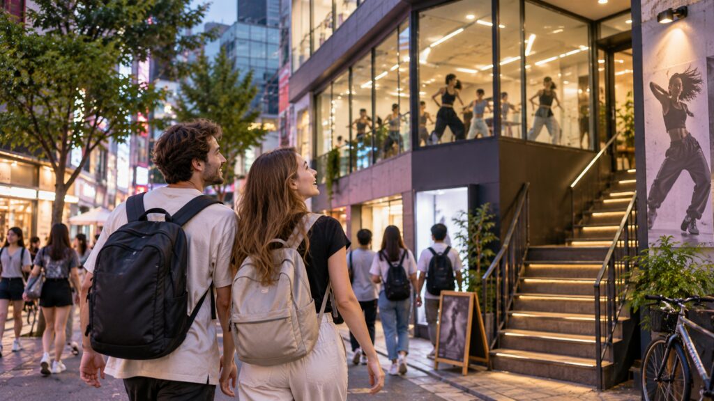 International travelers heading to a dance studio in the Hongdae area of Seoul