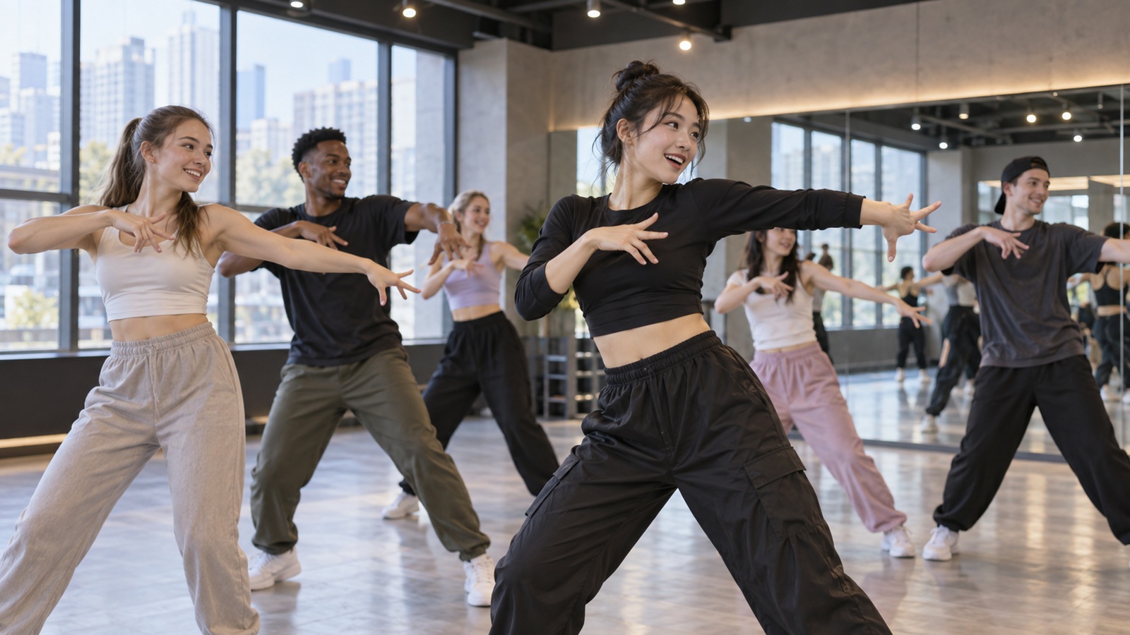 International travelers learning K-pop dance choreography in a Seoul dance studio